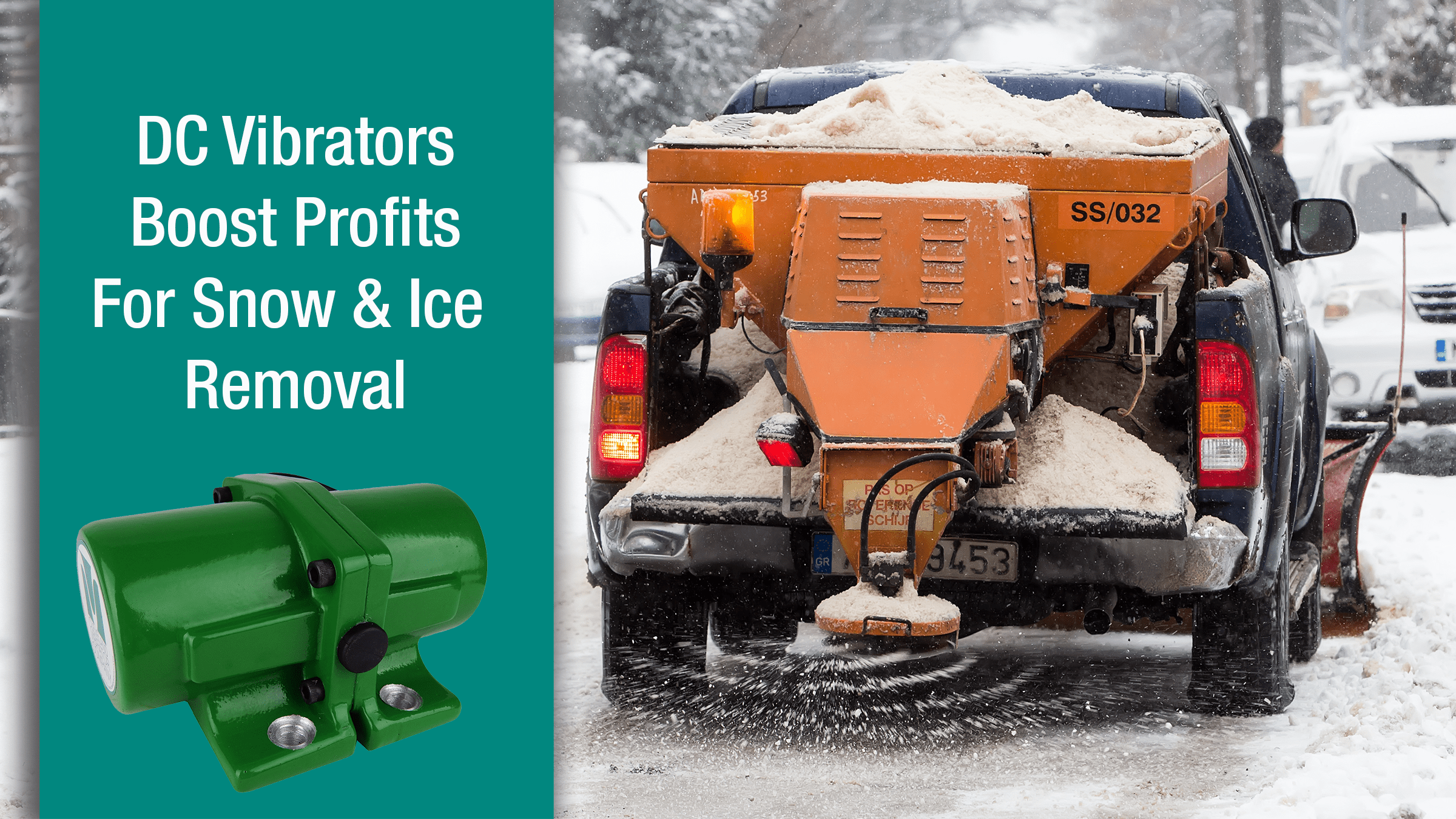 DC vibrators on spreader hopper for snow removal and salt applications